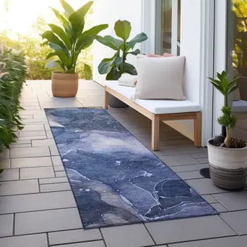 8' Runner Blue Abstract Washable Non Skid Indoor Outdoor Runner Rug