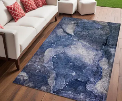 5' X 8' Blue Abstract Washable Non Skid Indoor Outdoor Area Rug