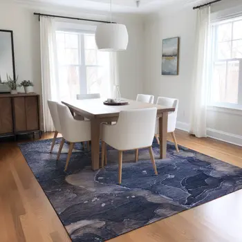 8' X 10' Blue Abstract Washable Non Skid Indoor Outdoor Area Rug