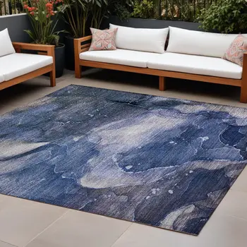 9' X 12' Blue Abstract Washable Non Skid Indoor Outdoor Area Rug