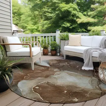 8' Round Brown Round Abstract Washable Non Skid Indoor Outdoor Area Rug