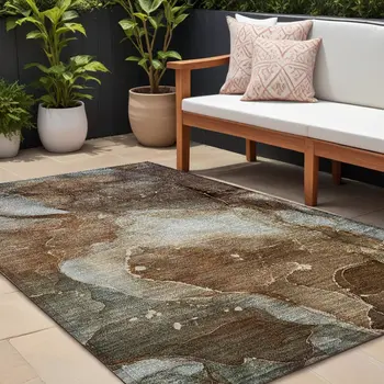 8' X 10' Brown Abstract Washable Non Skid Indoor Outdoor Area Rug