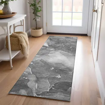 8' Runner Gray Abstract Washable Non Skid Indoor Outdoor Runner Rug