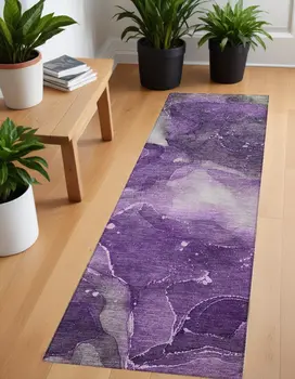8' Runner Purple Abstract Washable Non Skid Indoor Outdoor Runner Rug