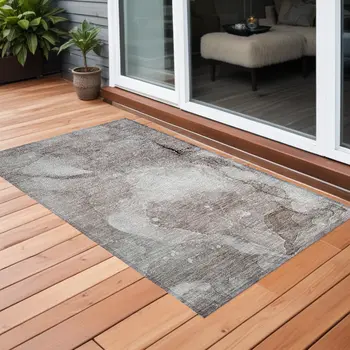 3' X 5' Taupe Abstract Washable Non Skid Indoor Outdoor Area Rug