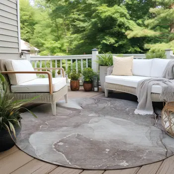 8' Round Taupe Round Abstract Washable Non Skid Indoor Outdoor Area Rug