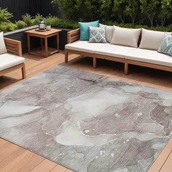 10' X 14' Taupe Abstract Washable Indoor Outdoor Area Rug