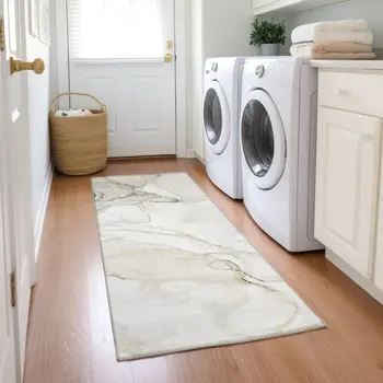 8' Runner Beige and Ivory Abstract Washable Non Skid Indoor Outdoor Runner Rug