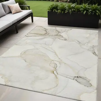 5' X 8' Beige and Ivory Abstract Washable Non Skid Indoor Outdoor Area Rug