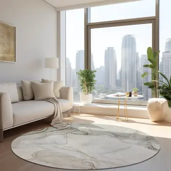 8' Round Beige and Ivory Round Abstract Washable Non Skid Indoor Outdoor Area Rug