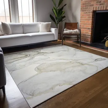 8' X 10' Beige and Ivory Abstract Washable Non Skid Indoor Outdoor Area Rug