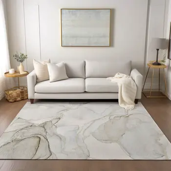 9' X 12' Beige and Ivory Abstract Washable Non Skid Indoor Outdoor Area Rug