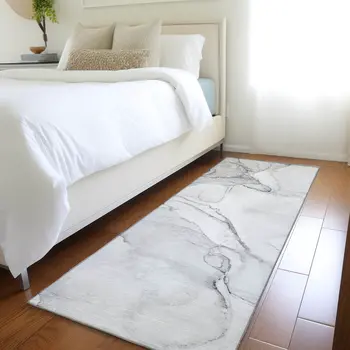 8' Runner Silver Abstract Washable Non Skid Indoor Outdoor Runner Rug