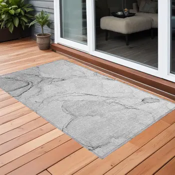 3' X 5' Silver Abstract Washable Non Skid Indoor Outdoor Area Rug