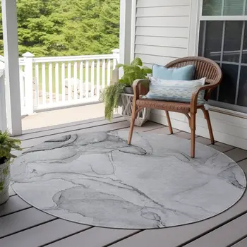 8' Round Silver Round Abstract Washable Non Skid Indoor Outdoor Area Rug