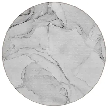 8' Round Silver Round Abstract Washable Non Skid Indoor Outdoor Area Rug