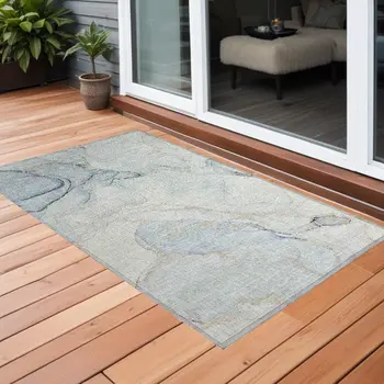 2' X 3' Beige and Blue Abstract Washable Non Skid Indoor Outdoor Area Rug