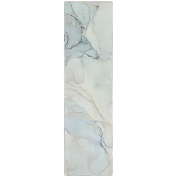 8' Runner Beige and Blue Abstract Washable Non Skid Indoor Outdoor Runner Rug