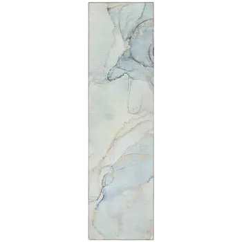 8' Runner Beige and Blue Abstract Washable Non Skid Indoor Outdoor Runner Rug