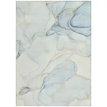 3' X 5' Beige and Blue Abstract Washable Non Skid Indoor Outdoor Area Rug