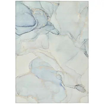 5' X 8' Beige and Blue Abstract Washable Non Skid Indoor Outdoor Area Rug