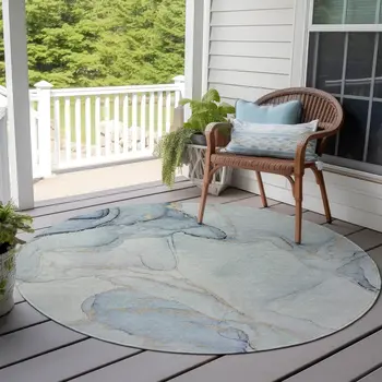 8' Round Beige and Blue Round Abstract Washable Non Skid Indoor Outdoor Area Rug