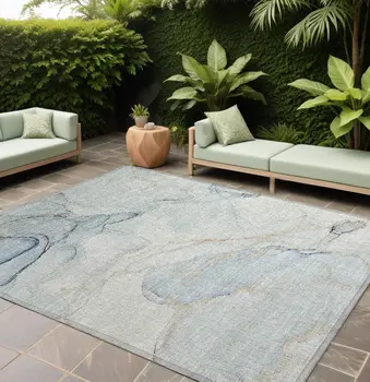 9' X 12' Beige and Blue Abstract Washable Non Skid Indoor Outdoor Area Rug