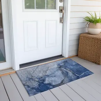 2' X 3' Navy Blue Abstract Washable Non Skid Indoor Outdoor Area Rug