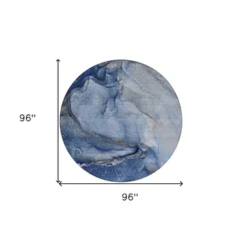 8' Round Navy Blue Round Abstract Washable Non Skid Indoor Outdoor Area Rug