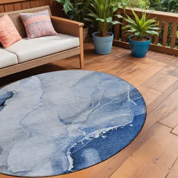 8' Round Navy Blue Round Abstract Washable Non Skid Indoor Outdoor Area Rug