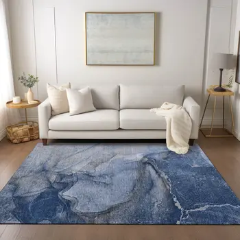 10' X 14' Navy Blue Abstract Washable Non Skid Indoor Outdoor Area Rug