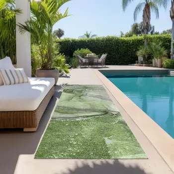 8' Runner Olive Green Abstract Washable Non Skid Indoor Outdoor Runner Rug