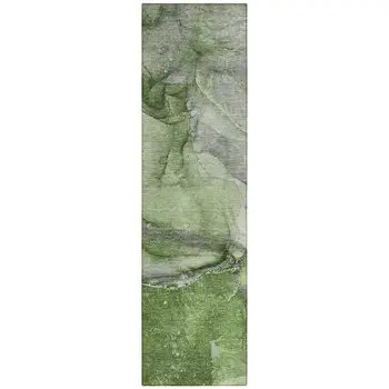 8' Runner Olive Green Abstract Washable Non Skid Indoor Outdoor Runner Rug