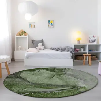 8' Round Olive Green Round Abstract Washable Non Skid Indoor Outdoor Area Rug