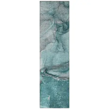 2' X 8' Teal Abstract Washable Indoor Outdoor Runner Rug