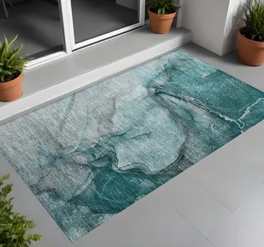 3' X 5' Teal Abstract Washable Non Skid Indoor Outdoor Area Rug