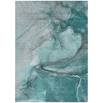 5' X 8' Teal Abstract Washable Non Skid Indoor Outdoor Area Rug