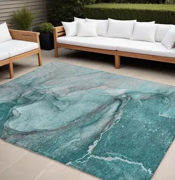8' X 10' Teal Abstract Washable Indoor Outdoor Area Rug