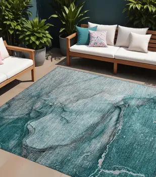 10' X 14' Teal Abstract Washable Non Skid Indoor Outdoor Area Rug