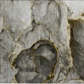 2' X 3' Gray and Gold Abstract Washable Non Skid Indoor Outdoor Area Rug