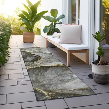 8' Runner Gray and Gold Abstract Washable Non Skid Indoor Outdoor Runner Rug