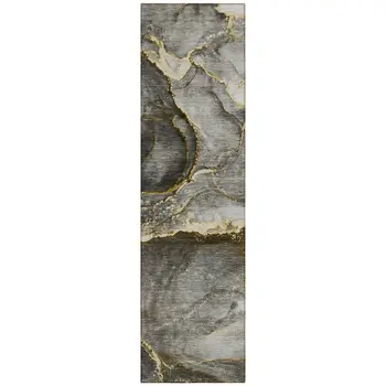 8' Runner Gray and Gold Abstract Washable Non Skid Indoor Outdoor Runner Rug