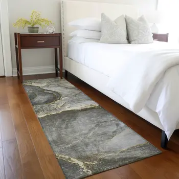 8' Runner Gray and Gold Abstract Washable Non Skid Indoor Outdoor Runner Rug