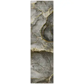 8' Runner Gray and Gold Abstract Washable Non Skid Indoor Outdoor Runner Rug