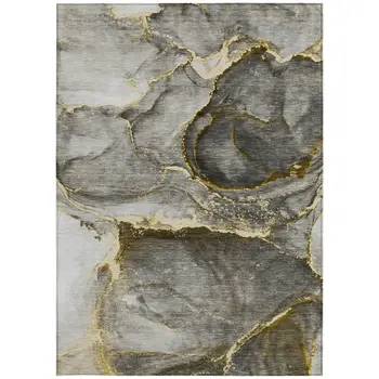 3' X 5' Gray and Gold Abstract Washable Non Skid Indoor Outdoor Area Rug