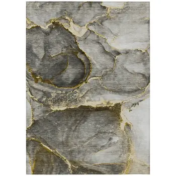 3' X 5' Gray and Gold Abstract Washable Non Skid Indoor Outdoor Area Rug
