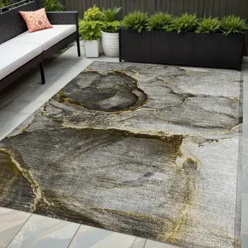 5' X 8' Gray and Gold Abstract Washable Non Skid Indoor Outdoor Area Rug