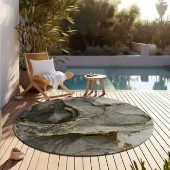 8' Round Gray and Gold Round Abstract Washable Non Skid Indoor Outdoor Area Rug