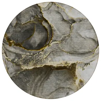 8' Round Gray and Gold Round Abstract Washable Non Skid Indoor Outdoor Area Rug