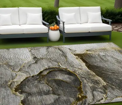10' X 14' Gray and Gold Abstract Washable Non Skid Indoor Outdoor Area Rug